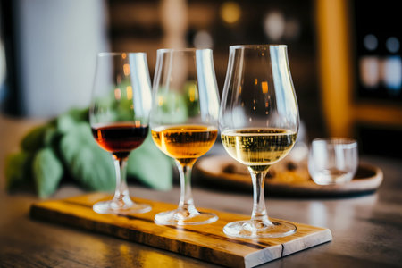 Flight of wine for tasting on a wooden bar counter with a blurred background, generative AIの素材