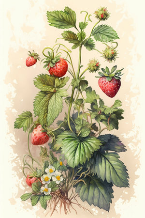 Strawberry plant on distressed paper, watercolor botanical illustration, generative aiの素材