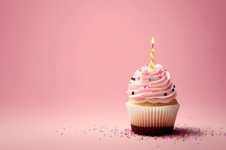 Birthday cupcake with a lit candle on a light pink background with copy space, generative AIの素材