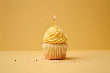 Birthday cupcake with a lit candle on a light yellow background, generative AIの素材