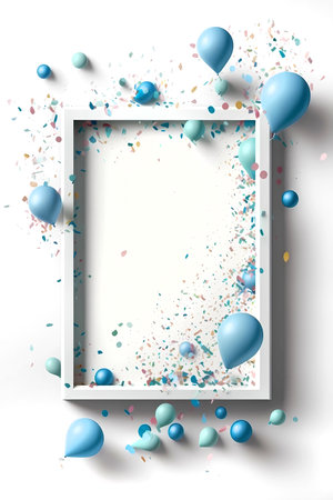 White frame on white background with little blue balloons and confetti, generative AIの素材