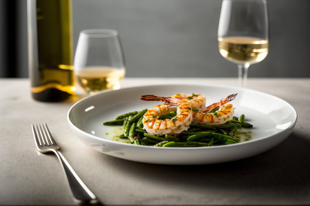 Grilled shrimp with green beans on a plate served with wine, generative AIの素材