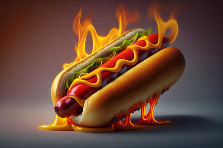Hot dog with mustard and ketchup flaming hot, generative AIの素材