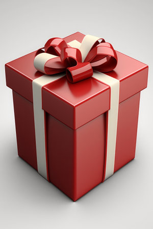 Red gift box with a red and white ribbon on white , generative AIの素材