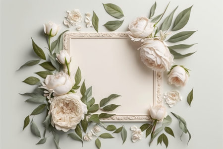 White frame on white background with peonies, flowers and leaves with copy space, generative AIの素材