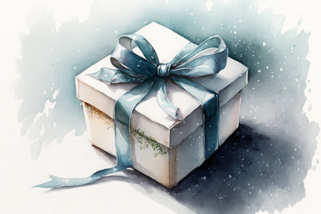 White gift box with blue ribbon on white watercolor style , generative AIの素材
