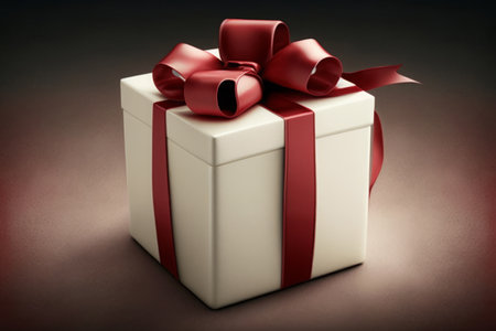 White gift box with a red ribbon on white , generative AIの素材