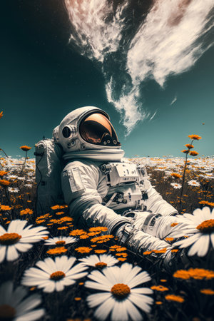 Astronaut in a space suit lying in a flower field with daisies under blue skyes, generative AIの素材