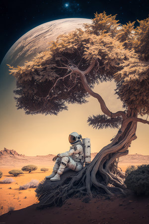 Astronaut in a spacesuit sitting under a tree on another planet with a moon coming up, generative AIの素材