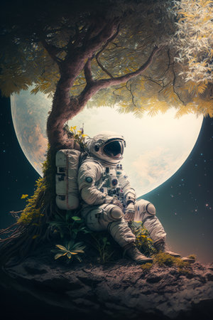 Astronaut in a spacesuit sitting under a tree on another planet with a moon coming up, generative AIの素材