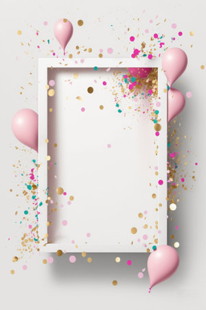 White frame on white background with little pink balloons and confetti, generative AIの素材