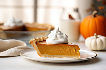 Slice of traditional pumpkin pie for Thanksgiving dinner, topped with whipped cream and cinnamon, generative AIの素材