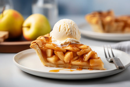 Perfect slice of apple pie with caramel topped with a scoop of ice cream, generative AIの素材