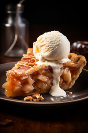 Perfect slice of apple pie with caramel topped with a scoop of ice cream in a rustic setting, generative AIの素材