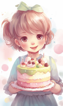 Cute little girl holding a cake, pastel colors illustration style, generative AIの素材