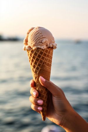 Female hand holding an ice cream cone, social media style photo, food and travel destination idea, generative AIの素材
