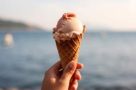 Female hand holding an ice cream cone, social media style photo, food and travel destination idea, generative AIの素材