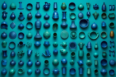 Many little blue objects arranged neatly in rows, set of weird little funny objects, generative AIの素材