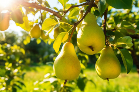 Pear tree with ripe pears outside on sunny day in orchard, generative AIの素材
