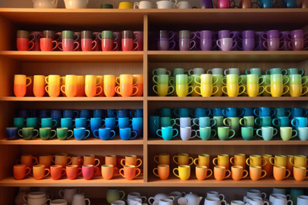 Rainbow colorful cups, mugs and plates arranged neatly on shelves, generative AIの素材