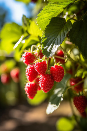 Raspberry plant with ripe red raspberries outside on sunny day in orchard, generative AIの素材