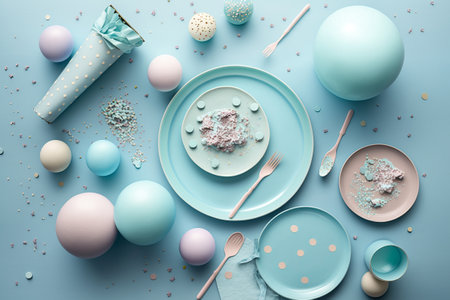 Light blue table with baloons and confetti, party table for a baby boy shower, generative AIの素材