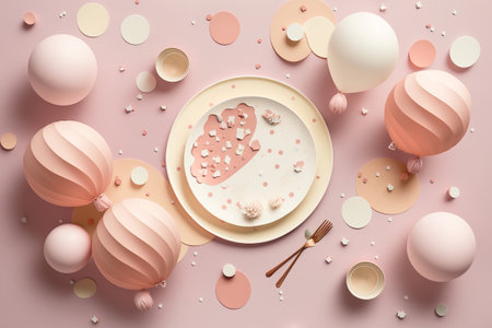 Light pink table with baloons and confetti, party table for a baby girl shower, generative AIの素材