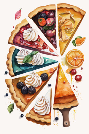 Variety of pies and dessert slices watercolor style on white background, generative AIの素材