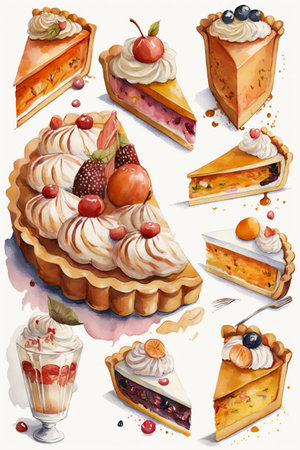 Variety of pies and dessert slices watercolor style on white background, generative AIの素材