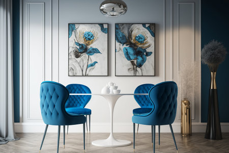 Modern dining room interior with blue chairs, generative AIの素材