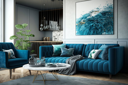Modern living room interior with blue couch or sofa and art, generative AIの素材