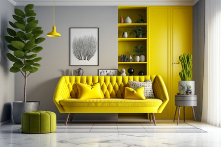 Modern living room interior with yellow couch or sofa and art, generative AIの素材