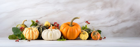 Decorative pumpkins on marble table, fall centerpiece for Thanksgiving dinner, banner with copy space, generative AIの素材