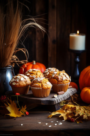 Pumpkin muffins on a wooden table homemade and freshly baked, generative AIの素材