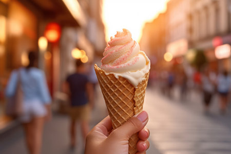 Female hand holding an ice cream cone, social media style photo, food and travel destination idea, generative AIの素材
