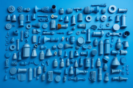 Many little blue objects arranged neatly in rows, set of weird little funny objects, generative AIの素材