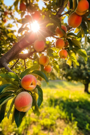 Peach tree with ripe peaches outside on sunny day in orchard, generative AIの素材