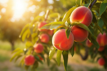 Peach tree with ripe peaches outside on sunny day in orchard, generative AIの素材