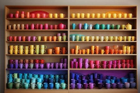 Rainbow colorful cups, mugs and plates arranged neatly on shelves, generative AIの素材