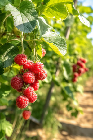 Raspberry plant with ripe red raspberries outside on sunny day in orchard, generative AIの素材