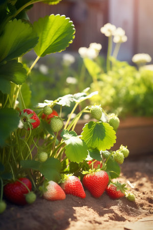 Strawberry plant with ripe red strawberries outside on sunny day in orchard, generative AIの素材