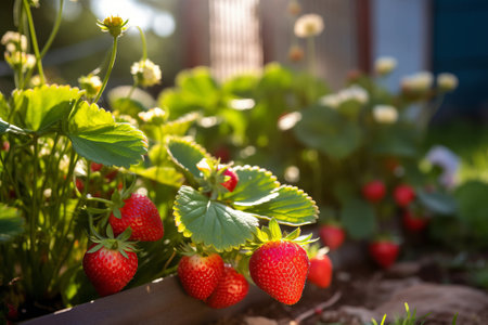 Strawberry plant with ripe red strawberries outside on sunny day in orchard, generative AIの素材