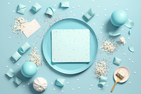 Light blue table with baloons and confetti, party table for a baby boy shower, generative AIの素材