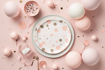 Light pink table with baloons and confetti, party table for a baby girl shower, generative AIの素材