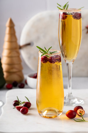 Apple cider mimosa cocktail with cranberries for Christmas or Thanksgivingの写真素材
