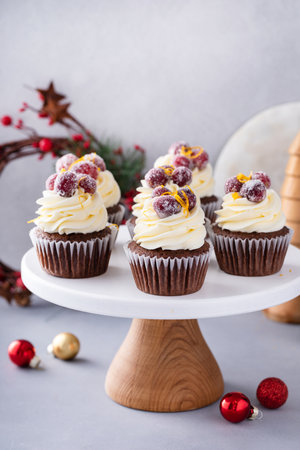Festive chocolate and orange cupcakes with white chocolate frosting garnished with sugared cranberry and orange zestの写真素材