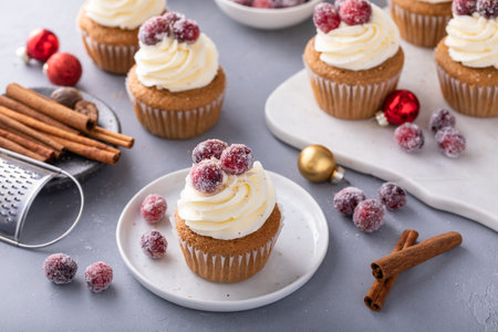 Spiced cinnamon and cranberry cupcakes topped with sugared cranberries, dessert for Christmas or Thanksgivingの写真素材