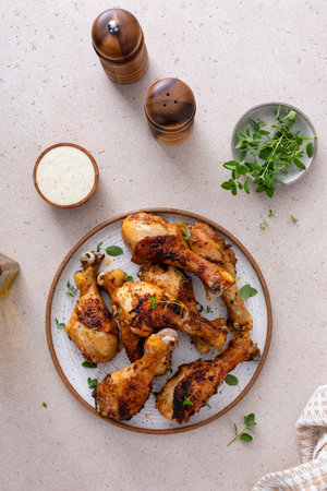 Roasted chicken drumsticks with garlic and herbsの写真素材