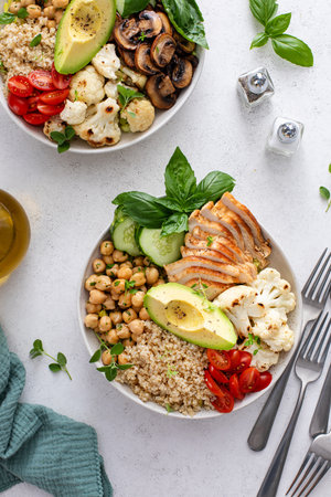 Healthy high protein lunch bowls, vegan and chicken optionsの写真素材