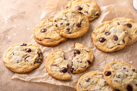 Chocolate chip cookies freshly baked parchment paper with flaky saltの写真素材